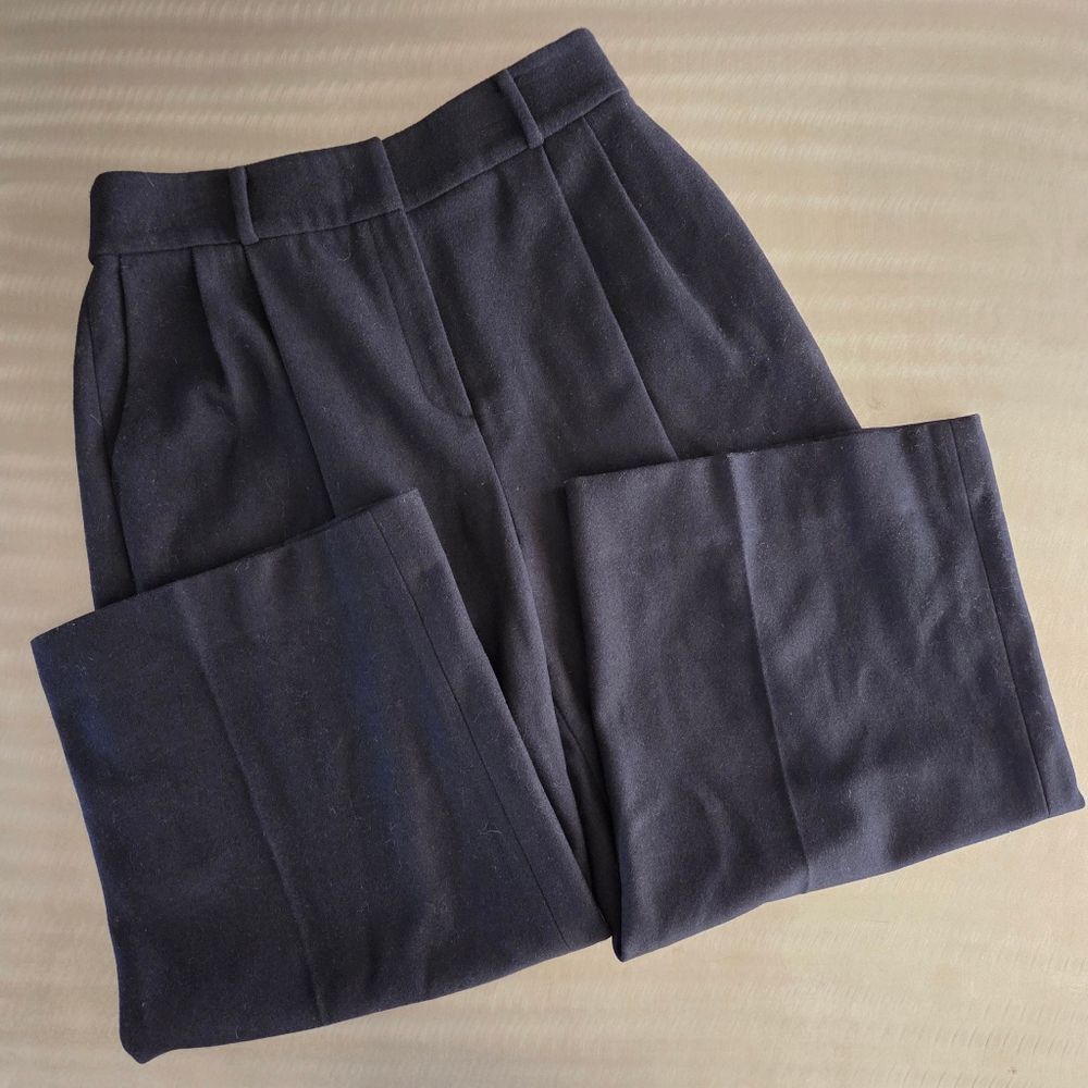 Jenny Park Leah Wide Leg Pleat Wool Blend Navy Crop Heavyweight Trouser Pants L